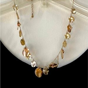 Hammered Gold Disc Necklace, 17”  with pink and white crystals. 3 1/4” Extender